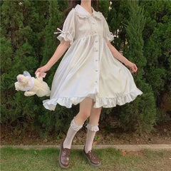 Hnewly Japanese Lolita White Dress Summer Puff Sleeve Ruffles Dress Preppy Style Kawaii Sweet Fairy Peter Pan Collar Women Midi Dresses