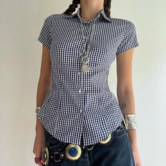 Hnewly y2k Plaid Print Women Blouse Vintage 2000s Short Sleeve Button Up Cropped Top Casual Streetwear Summer T-shirts Aesthetic