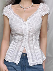 Hnewly Sexy Slim Vintage White Shirt Women Casual Short Sleeve V Neck Blouse French Retro Streetwear Female Design Summer Tops