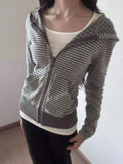 Hnewly American Streetwear Striped Hooded Sweatshirt Autumn New Slim Fit Short Cardigan Fashion Casual Long Sleeve Coat Women