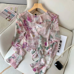 Hnewly Frenched Ruffled Deep V Neck Floral Printed Short Blouses Flared Long Sleeve Mesh Sheer Lace Up Elegant Women Summer Tops Shirts