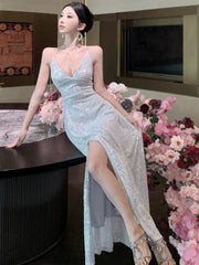 Hnewly Elegant Sequin Backless V-neck Split Dress Women Autumn Sexy Slim Evening Gown A-line Bandage Fashion Birthday Party Luxury Robe