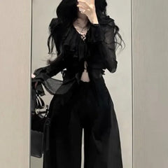 Hnewly 2025 spring fashion trend Fashion V-neck Ruffles Black Long Sleeve Cardigan Mujer+ Y2k High Waist Loose Wide Leg Pants Summer New Two Piece Sets