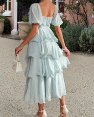 Hnewly Summer Women's Square Neck Tiered Ruffle Midi Dress Short Puff Sleeve Design Elegant Casual Outfit Cake Skirt