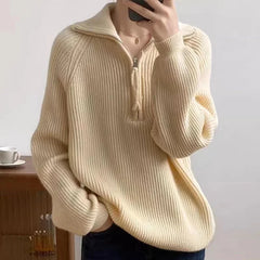 Hnewly Quarter Zip Sweater Pullover Women Chunky Knit Polo Collar Oversize Jumper Sweater Jacket Teen-girl Autumn Winter Casual Outfit