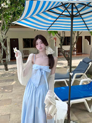 Hnewly Japanese Midi Dress Women Casual Sweet Elegant Strap Blue Bow Strapless Dress Beach Style One Piece Dress Korean Summer