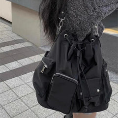Hnewly Korean Drawstring Black Tote Bag Women Multifunctional Large Capacity Y2k Mochilas Mujer Ladies Commuter Hot Girl Shoulder Bags
