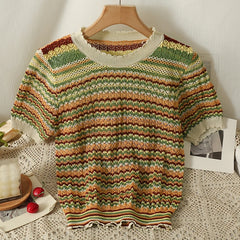 Hnewly Colorful Striped Knitted T Shirt For Women Spring Summer Hollow Out Sexy Streetwear Tops Korean O-Neck Short Pullover Blouses
