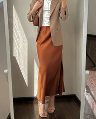 Hnewly Silk Satin Skirts for Women 2024 Summer Casual Style A-line Solid Color Elastic High Waist Side Slit Champagne Skirt
