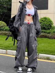 Hnewly Y2K Parachute Black Pants Women Hippie Streetwear Oversize Pockets Cargo Trousers Harajuku Wide Leg Baggy Sweatpants