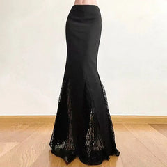 Hnewly Gothic Lace Patchwork Fisht Skirts Women Korean Sexy Slit Streetwear Black Midi Skirts Y2K High Waist All Match A Line Skirts