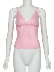 Hnewly Sweet Solid Lace Trim Bandage Camis Top Casual Slim Deep V-Neck Sleeveless Tank Tops Women Summer Streetwear Fashion