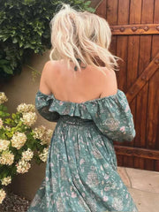 Hnewly Boho Floral Maternity Dress Photography Backless Half Sleeve Ruffle Maxi Gown for Pregnant Women Gender Reveal Party Outfit