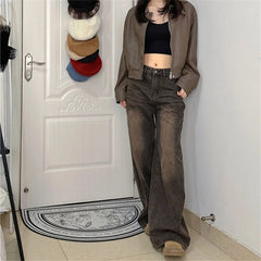 Hnewly Women's Vintage Brown High Waisted Jeans Street Style Girl Wide Leg Bottoms Loose Pants Female Fashion Denim Trousers