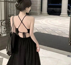 Hnewly Black Halter Dress for Women Backless Sexy Elegant Holiday Summer French Style Chic A-line Party Classic Streetwear New Vestidos