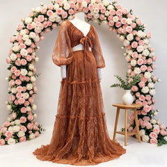 Hnewly Maternity Gown For Photo Shoot V-neck And Off Shoulder Lace Dress Two-piece Set Boho Pregnant Dress Photography Dress For Women