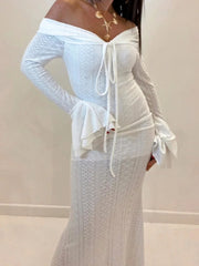 Hnewly Elegant Solid Women Maxi Dress Classic High Street Off Shoulder Ruffle Sleeve Straight Long Robe Mujer Trend Vestidos