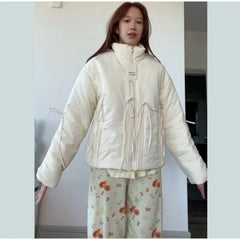 Hnewly Casual Bow Lace Up Cotton Coats Women Loose Stand Collar Zipper Full Sleeve Pocket Warm Jacket Winter Lady Chic Outwear