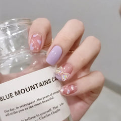 Hnewly 24P Pink Cute Short Square Head False Nails Art White 3D Bowknot Fake Nails with Pearl Rhinestones Full CoverPress on Nail Tips