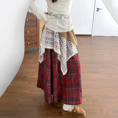 Hnewly Design Irregular Lace Patchwork Plaid Skirts Women Fashion High Waist Pleated Long Skirt Woman Chic Umbrella Skirt Female