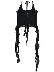 Hnewly Sexy Y2k Vintage Thin Strape Ruffle Halter Crop Top Women Backless Basic Sleeveless T shirt Off shoulder Club Party Lady Tees