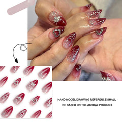Hnewly Almond Red Press-on Nail Silver Spiderweb Pattern Heart Decor Artificial Nail for Women and Girl Party Activity