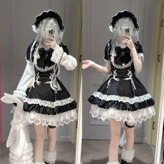Hnewly Lolita Style Cosplay Cute Short Sleeve Dress OP Original Summer New Bow Lace Stitching Girl's Women's Kawaii Striped Dress Set