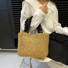 Hnewly Ruched Handle Straw Bag Bohemian Woven Bags for Women Purses and Handbags Paper Rope Beach Bag Shoulder Bags Small Shopper Tote