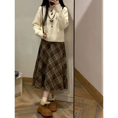 Hnewly Vintage Plaid Skirt Women Preppy Style Autumn Winter Long Skirts Retro High Waist Streetwear Casual A-line Midi Skirts
