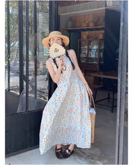Hnewly Summer New Gentle Style High Waist Floral Vest Dress Women's Clothing Cotton Material A-Line Skirt Loose Fit Long Sleeve