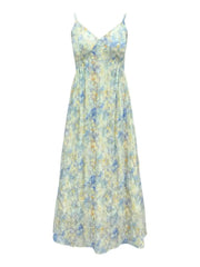 Hnewly New Pink V-Neck Floral Print Halter Dress Women's Summer Vacation Style Long Dress Tea Break Sweet High Waist A-Line Skirt