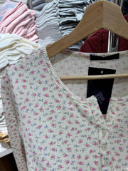 Hnewly Pink Floral Waffle Long Sleeve T-Shirt Woman Spring Buttons Round Neck Cotton Slim Tee Top Sweet Cute Preppy Style Tshirt Y2k