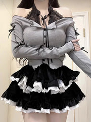 Hnewly Kawaii Skirt Set Women Japanese Lolita Dress Sets Female Korean Fashion Lace Patchwork Cake Skirt Off Shoulder Tops 2 Pieces Set