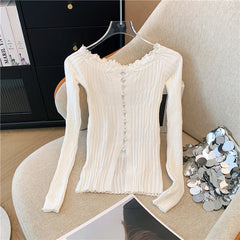 Hnewly Women Rib Knit Top Y2K Off-the-Shoulder Flyaway Front Long Sleeve Button-up Fitted Cardigan Teen-girl Coquette 90s Outfit