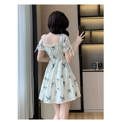 Hnewly French Sweet Lace-up Square Neck Short-sleeved Women's Summer New Waist-hugging Slim Dress