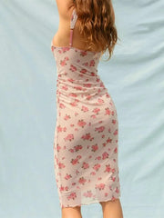 Lunivop Sexy Small Flower Print Deep V neck Mesh Sling Dress Woman Ruched Package Hips Spaghetti Strap Mini Party Dresses Bodycon