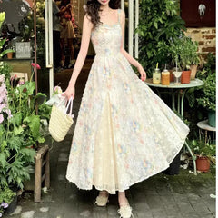 Hnewly French Floral Print Strapless Long Dress Women's Fashion Summer New Style Slimming Maxi Skirt Elegant Women's Clothing