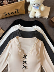 Hnewly Bow Front Rib Knit Top with Lace Trim Chest Pad V-neck Long Sleeve Fitted Shirt Pullovers Sweater Women Teen-girl Y2K Coquette