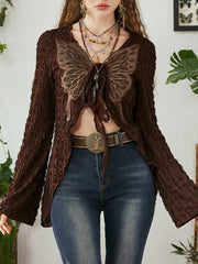 Hnewly Lace Butterfly Patchwork Cardigan Top for Women Y2K Aesthetics Brown Bandage Long Sleeve T Shirts Grunge Fairycore