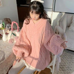 Hnewly Bow Tie V-Neck Sweater Women Twist Loose Lazy Pink Lantern Sleeve Knitted Pullover Solid Fashion Pretty Style Female Jumpers