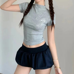 Hnewly Korean Style Sweet Mini Skirt Kawaii Black Low Waist Ruffle Short Skirts Gothic Sexy Harajuku Casual A-line Solid Skirt