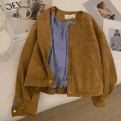 Hnewly Suede Short Jacket Women Korean Camel Fashion Long Sleeve Flight Suit Harajuku Single Breasted Loose Tops Female Vintage Coats