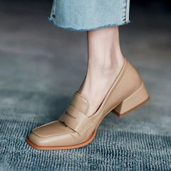 Hnewly Shoes for Woman Low Heel Elegant Women's Summer Footwear Black Loafers Normal Leather Casual Square Toe with Discount Chic