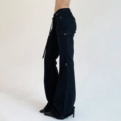 Hnewly Vintage Y2K Chic Brown Low Waisted Flared Jeans Stitched Streetwear Grunge Denim Trousers Korean Boot Cut Pants Slim