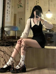 Hnewly Preppy Long Sleeve Mini Dresses for Women Korean Fashion Style Cute Sexy Peter Pan Collar A-line Fake 2 Pcs Casual Vestidos Chic