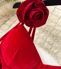 Hnewly DRESS TO IMPRESS French Retro Velvet Dress Ladies Spaghetti Strap Sleeveless 3D Flowers Split Red Evening Party Sexy Dresses