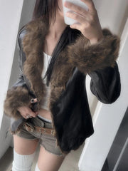 Hnewly winter club outfits Autumn New Clothes Women’s Leather Coat Long Sleeve Spliced Faux Trim Button Slim Fit Chic Coat