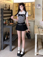 Hnewly DRESS TO IMPRESS Preppy Style 3 Piece Sets Women Casual Crop Tops + Vintage Plaid Vest + Lace Y2k Mini Skirt Slim Hot Girls Korean Fashion Suit