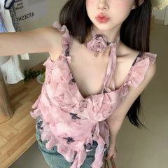 Hnewly summer inspo y2k Tank Top Women Fairycore Clothing Butterfly Print Ruffle V Neck Sleeveless Vest with Flower Choker 2000s Streetwear