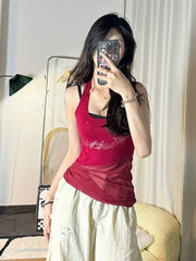 Hnewly Retro Halter Neck Camis for Women Summer Sexy U Neck Streetwear Sleeveless Crop Tops Y2K Aesthetic Mesh Patchwork Hot Girls Tank